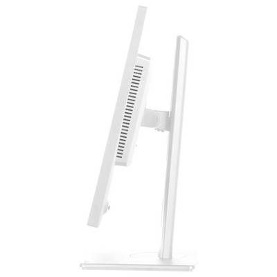 Eine Seitenansicht eines schlanken, modernen Computermonitors mit Standfuß, die sein dünnes Design und die Belüftungsöffnungen zeigt.