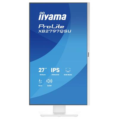 Ein vertikales Monitor-Display mit der Bezeichnung „Iiyama ProLite XB2797QSU" mit folgenden Merkmalen: 27-Zoll-Bildschirm, IPS, schmaler Rahmen, 2560x1440 Auflösung, 2x2W Lautsprecher und höhenverstellbar.
