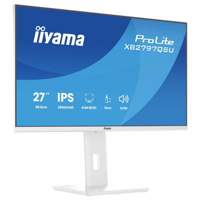 Ein Computermonitor der Marke 'iiyama' zeigt folgende Spezifikationen: 27" Größe, 2560x1440 Auflösung, IPS-Panel, schmaler Rahmen, 15cm Höhenverstellung, 2x2W Lautsprecher.