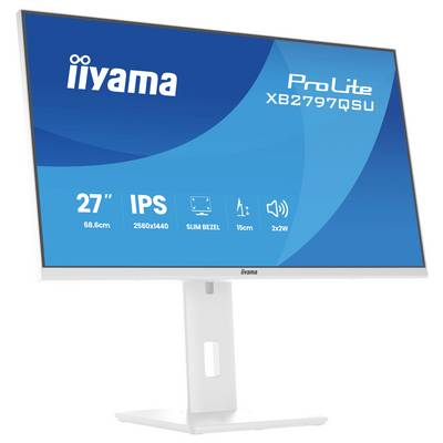 Iiyama ProLite Monitor, 27 Zoll IPS, 2560x1440 Auflösung, schmaler Rahmen, 15 cm verstellbare Höhe, 2x2W Lautsprecher, mit weißem Standfuß.