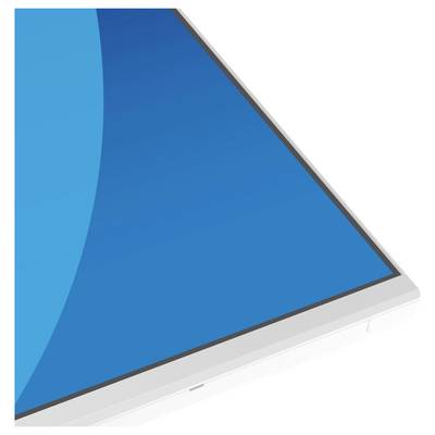 Das Bild zeigt eine Nahaufnahme eines Flachbildschirms mit einer blaugradienten Anzeige, wobei der Fokus auf der Ecke und dem Rahmen liegt.