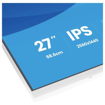 Ein blauer Bereich in einer Ecke eines Monitors zeigt Spezifikationen an: '27", 68,6cm, IPS, 2560x1440'.