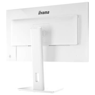 Ein von hinten betrachteter Flachbildschirm-Computermonitor, der das Gestell und den Markennamen „iiyama" in der Mitte oben zeigt.