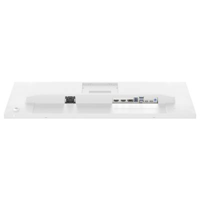 Ein weißer Monitor-Rückpanel, das verschiedene Anschlüsse zeigt: Stromverbinder, zwei HDMI-Anschlüsse, ein DisplayPort, zwei USB-Anschlüsse und eine Audiobuchse.