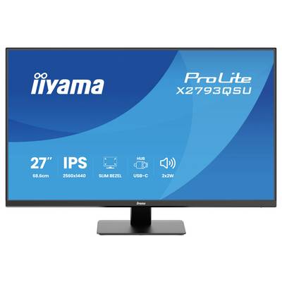 Computermonitor mit Modell 'iiyama ProLite X2793QSU' mit folgenden Funktionen: 27 Zoll, IPS, 2560x1440 Auflösung, schmaler Rahmen, USB-C, 2x 2W Lautsprecher.
