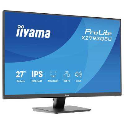 Ein Monitor mit der Bezeichnung „iiyama ProLite X2793QSU" mit folgenden Features: 27"-Bildschirm, IPS, 2560x1440-Auflösung, schmaler Rahmen, USB-C-Hub und 2x2W-Lautsprecher.