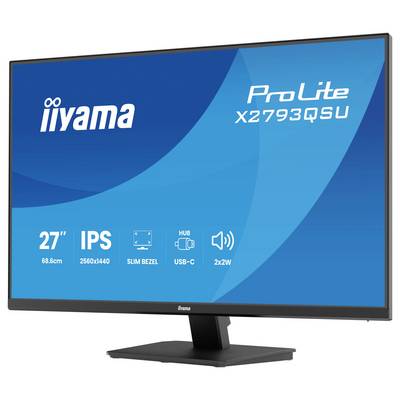 Das Bild zeigt einen iiyama ProLite X2793QSU Monitor mit 27-Zoll-Display, IPS-Technologie, 2560x1440 Auflösung, USB-C und 2x2W Lautsprechern.