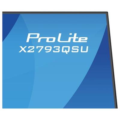 Eine Nahaufnahme eines blauen Bildschirms, auf dem der Text 'ProLite X2793QSU' angezeigt wird.