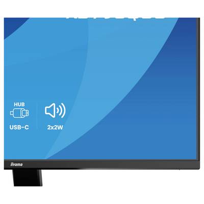 Monitor-Bildschirm mit blauem Hintergrund, der Symbole für „USB-C Hub" und „2x2W-Lautsprecher" anzeigt. Iiyama-Logo unten links.