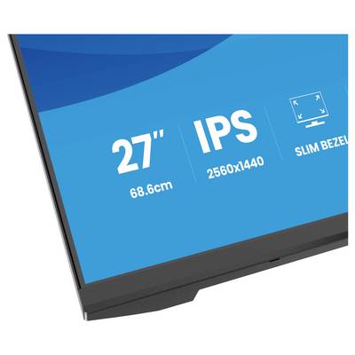 Ein Teilbild eines Computermonitorbildschirms zeigt folgende Spezifikationen: '27" (68,6 cm)', 'IPS', '2560x1440', 'Schmaler Rahmen'.
