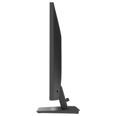 Seitenansicht eines dünnen, schwarzen Computermonitors auf einem Ständer, die sein schlankes Designprofil veranschaulicht.