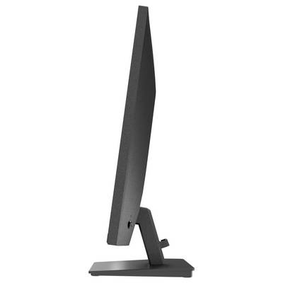 Seitenansicht eines eleganten, modernen Computermonitors mit dünnem, schwarzem Rahmen und kantigem Ständer.