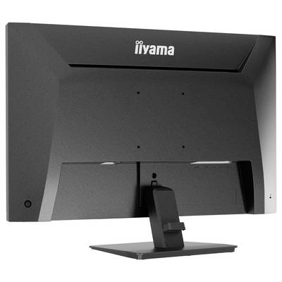 Ein schwarzer Computermonitor von hinten betrachtet, der einen Ständer und VESA-Befestigungslöcher zeigt. Das Markenlogo „iiyama" ist oben sichtbar.