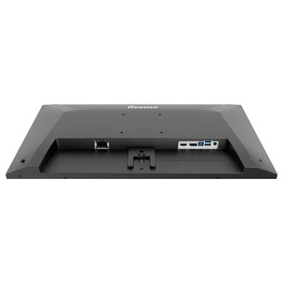 Ein schwarzer Breitbild-Monitor von hinten betrachtet, mit Anschlüssen wie USB und HDMI, konzipiert für die Wandmontage.