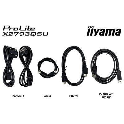 ProLite XB2797QSU iiyama-Monitorkabel: Stromversorgung, DisplayPort, HDMI, USB-A von links nach rechts angeordnet.