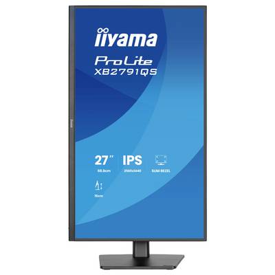 „Iiyama ProLite XB2791QS" Monitor in vertikaler Ausrichtung; aufgelistete Merkmale umfassen 27 Zoll, IPS, Auflösung von 2560x1440, schmaler Rand.
