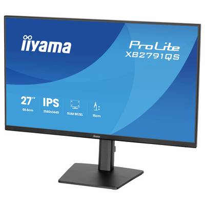Iiyama ProLite XB2791QS Monitor, 27 Zoll, 2560x1440 Auflösung, IPS, schmaler Rahmen, 15cm Höhenverstellung; blau gestaltete Bildschirmanzeige.