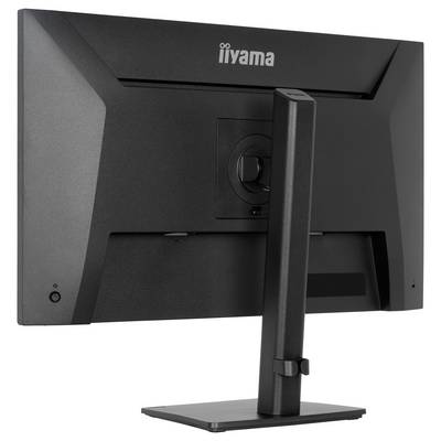 Ein schwarzer Computermonitor von hinten betrachtet, mit dem Markenlogo „iiyama" in der Mitte oben und einem robusten verstellbaren Ständer.