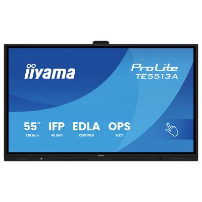 Das Bild zeigt einen 55-Zoll Iiyama ProLite TE5513A-Bildschirm mit Funktionen wie 4K UHD, IFP, EDLA-Zertifizierung und OPS-Schacht.