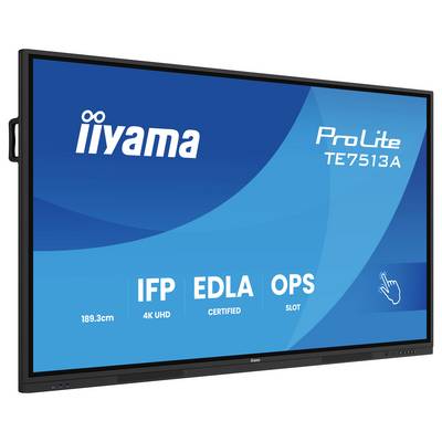„iiyama ProLite TE7513A" interaktives Display mit „189,3 cm", „4K UHD", „EDLA-zertifiziert", „OPS-Slot".