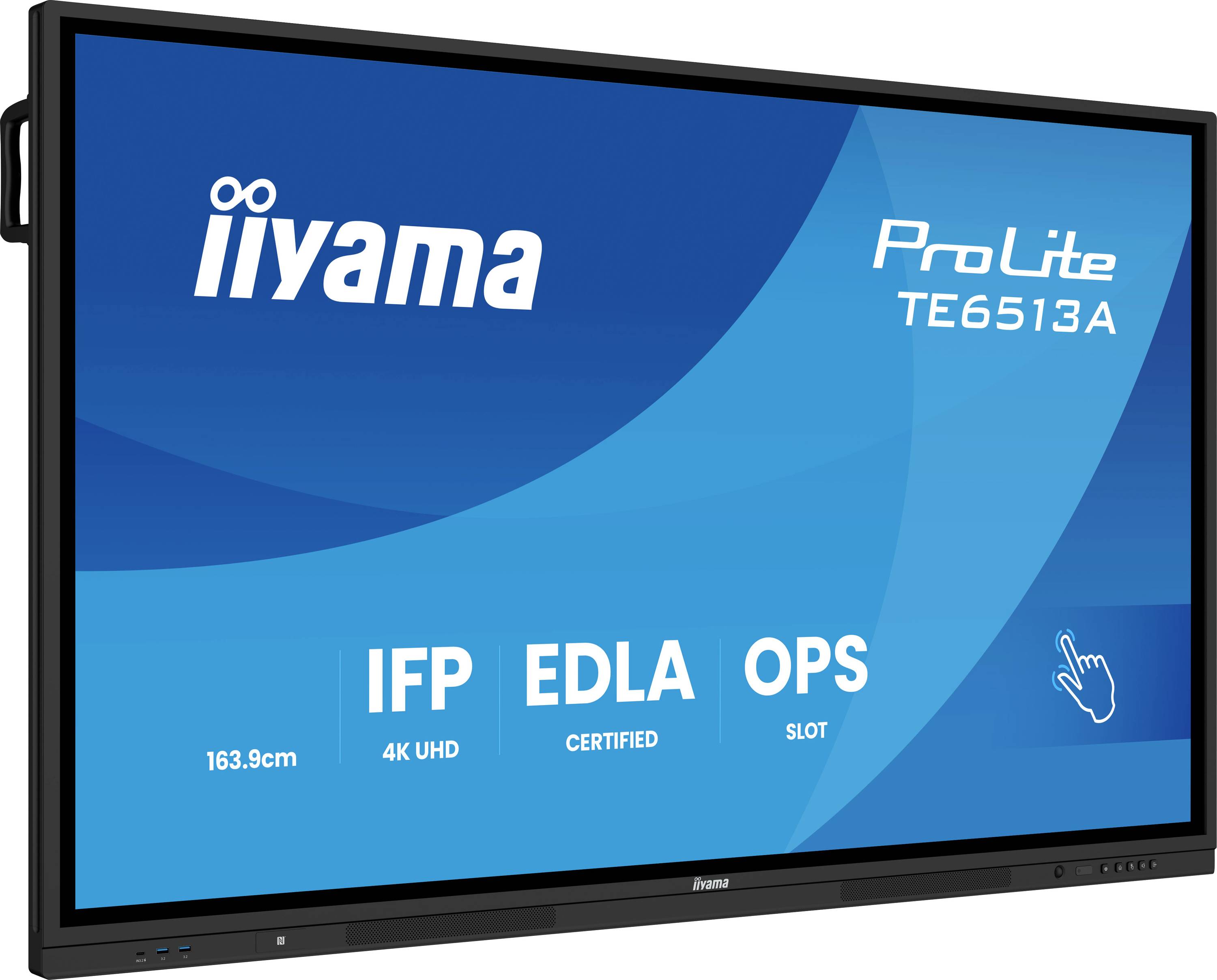 Interaktives Display mit der Bezeichnung „iiyama ProLite TE6513A", Features beinhalten 4K UHD, IFP, EDLA-zertifiziert, OPS-Steckplatz. Hauptfarbe: Blau.