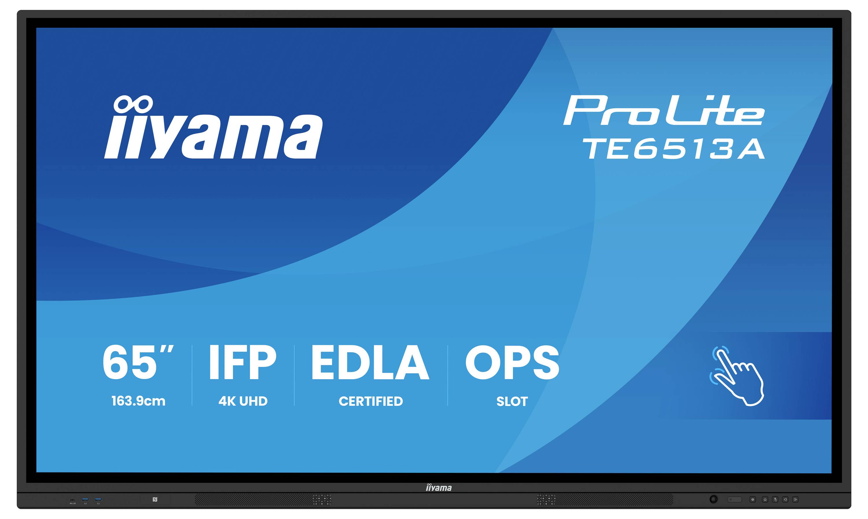 „iiyama ProLite TE6513A" Anzeigebildschirm zeigt Funktionen von „65" IFP 4K UHD EDLA Zertifiziert OPS-Steckplatz".