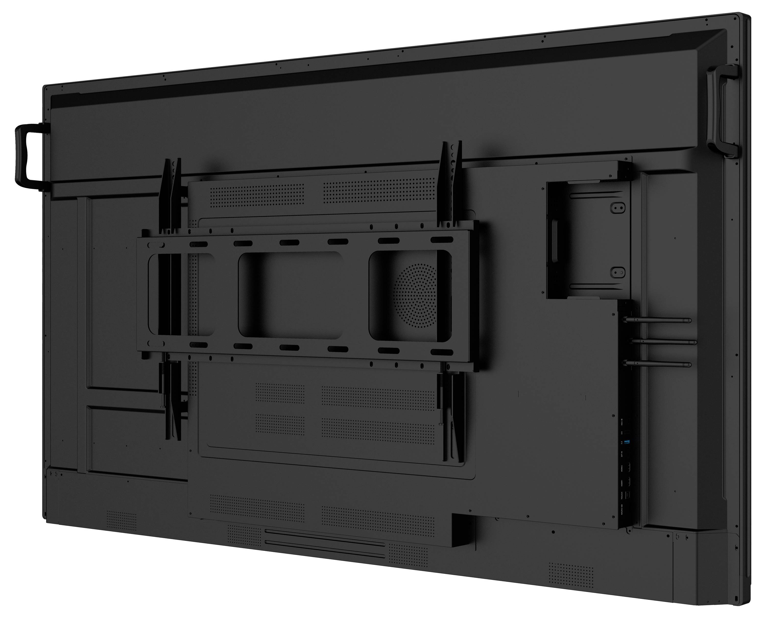 Rückansicht eines großen, schwarzen Fernsehers mit sichtbaren Montageklammern und verschiedenen Anschlüssen. Der Fernseher hat Griffe auf beiden Seiten zum Tragen.