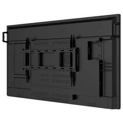 Rückansicht eines großen, schwarzen Fernsehers mit sichtbaren Montageklammern und verschiedenen Anschlüssen. Der Fernseher hat Griffe auf beiden Seiten zum Tragen.