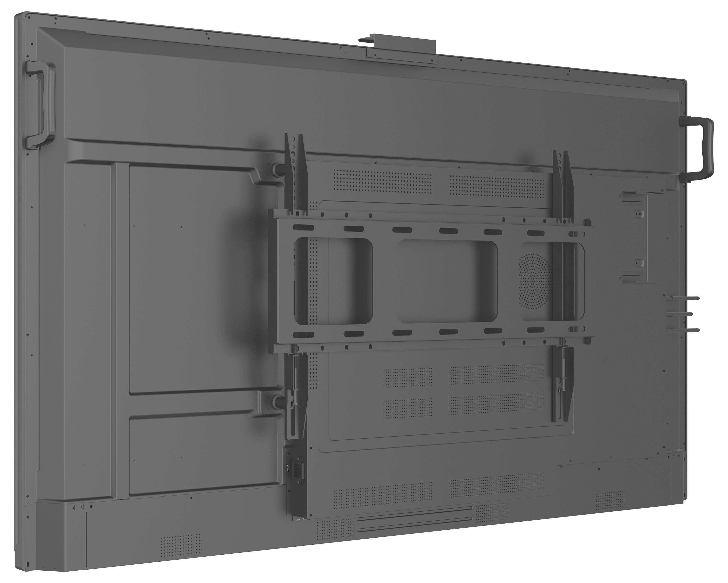 Ein weißer Computermonitor von hinten betrachtet, mit einem zentralen Ständer und dem Markennamen „iiyama" oben.
