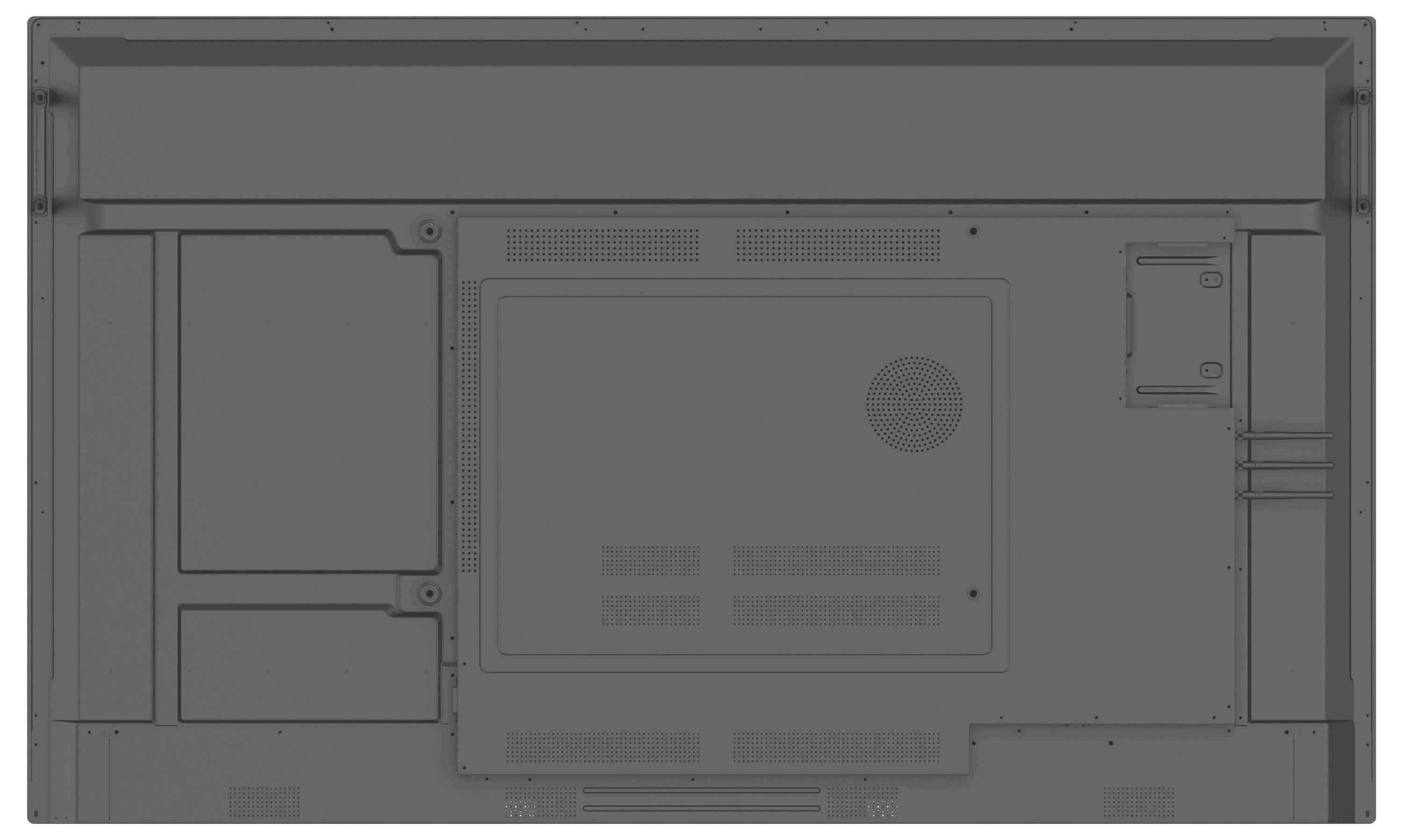 Die Rückseite eines großen Flachbildschirm-Monitors mit verschiedenen Platten, Lüftungsöffnungen und Anschlussanschlüssen ohne sichtbare Beschriftungen oder Erkennungszeichen.