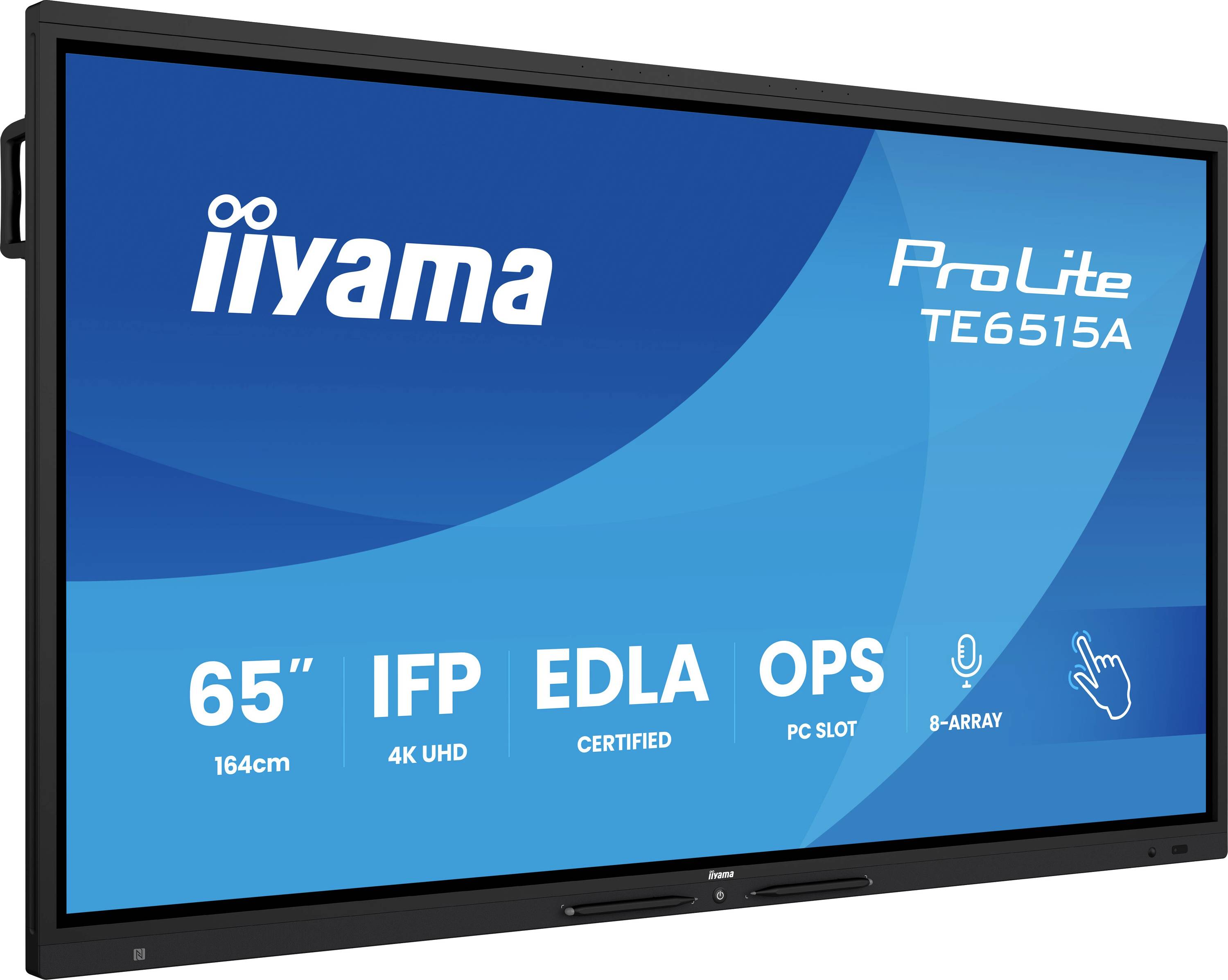 Das Bild zeigt ein interaktives Iiyama ProLite TE6515A-Display mit einem 65-Zoll-4K-UHD-Bildschirm, IFP, EDLA-Zertifizierung, OPS-Slot und Array-Mikrofon.