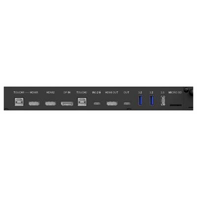 Rückseite eines Geräts mit verschiedenen Anschlüssen: zwei HDMI, DisplayPort-Eingang, zwei USB-A 3.2, USB-C, microSD-Slot und Audio-Ein-/Ausgang.