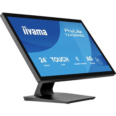 Ein 24-Zoll-Iiyama-ProLite-T2435MSC-Touchscreen-Monitor mit ergonomischem Ständer, ausgestattet mit Anti-Glare-Technologie und Konnektivitätssymbolen.