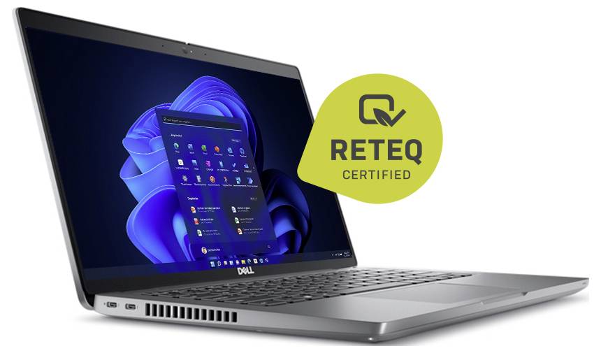 Ein silberner Dell-Laptop mit Windows 11 Bildschirm, gekennzeichnet mit 'RETEQ Certified' und einem grünen Abzeichen, das Aufbereitungsqualität anzeigt.