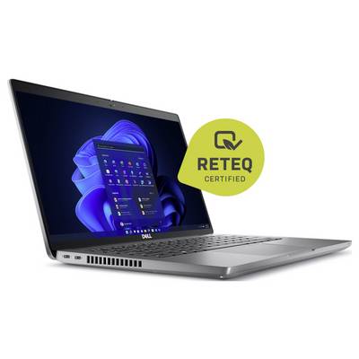 Ein silberner Dell-Laptop mit Windows 11 Bildschirm, gekennzeichnet mit 'RETEQ Certified' und einem grünen Abzeichen, das Aufbereitungsqualität anzeigt.