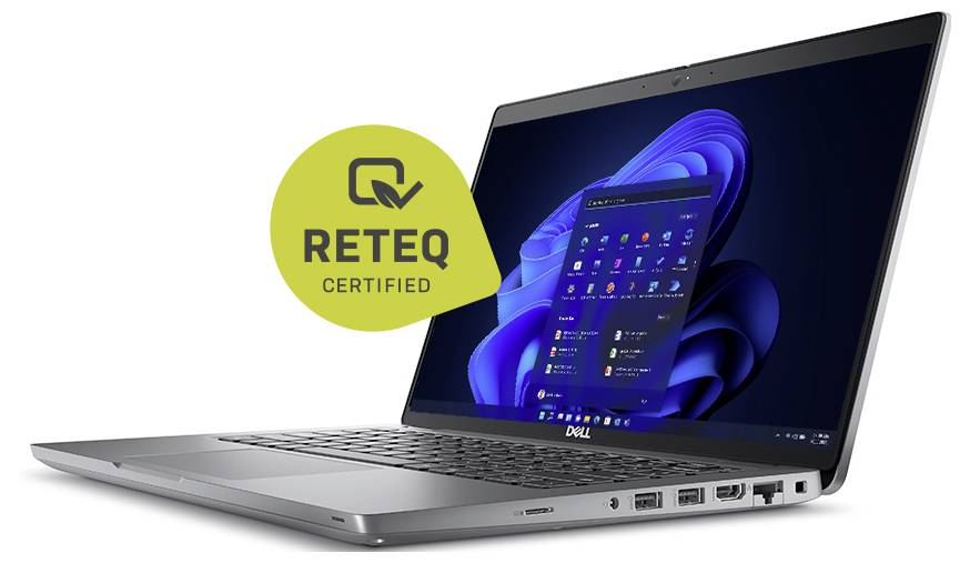 Ein silberner Laptop mit einer Windows-Oberfläche und einem "RETEQ Zertifiziert"-Abzeichen auf einem grünen Kreis, das den aufgearbeiteten Status kennzeichnet.
