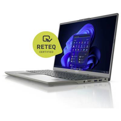 Ein Fujitsu-Laptop mit Windows-Betriebssystem-Bildschirm, mit einem „RETEQ zertifiziert"-Badge, das den Aufbereitungsstatus anzeigt.