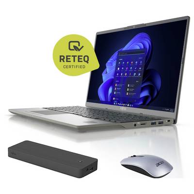 Fujitsu-Laptop mit Windows 11-Bildschirm, begleitet von einer kabellosen Maus und einer schwarzen Powerbank. Der Laptop ist RETEQ-zertifiziert.