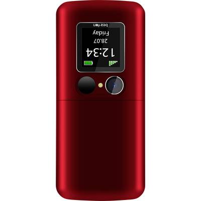 Digitales rotes Gerät mit Display, das "12:34", "28°F" und "Freitag" anzeigt. Beinhaltet ein Kameraobjektiv und eine Taste unter dem Display.