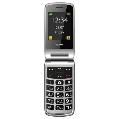Ein Klapphandy mit großen Tasten, das auf seinem Display '12:34', '28.07' und 'Freitag' anzeigt.