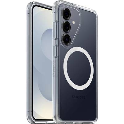 Ein Smartphone mit dreifach-Kamera-Setup, gezeigt in einer durchsichtigen Schutzhülle. Die Hülle verfügt über ein kreisförmiges, MagSafe-kompatibles Design.