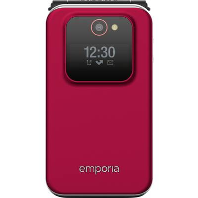 Rotes Klapptelefon mit externem Display, das die Uhrzeit "12:30" anzeigt. Es verfügt über eine Kamera und eine LED-Anzeige auf der Rückseite. Die Marke "emporia" ist sichtbar.