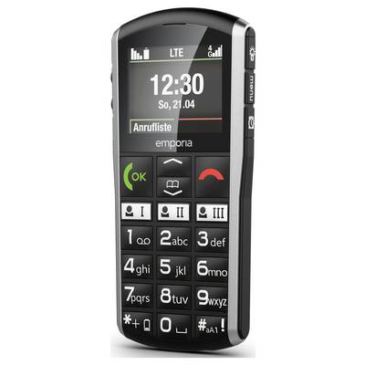 Ein schwarzes Mobiltelefon mit großen Tasten, das auf dem Bildschirm 'Anrufliste' anzeigt, verfügt über Anruf-, Nachrichten- und Menüsymbole und ist für Barrierefreiheit konzipiert.