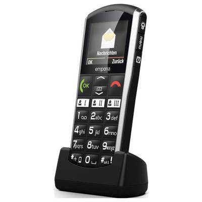 Seniorenfreundliches Mobiltelefon mit großen Tasten, lesbarem Bildschirm und Ladeständer, zeigt eine Nachrichtenbenachrichtigung an; entworfen für einfache Bedienung.