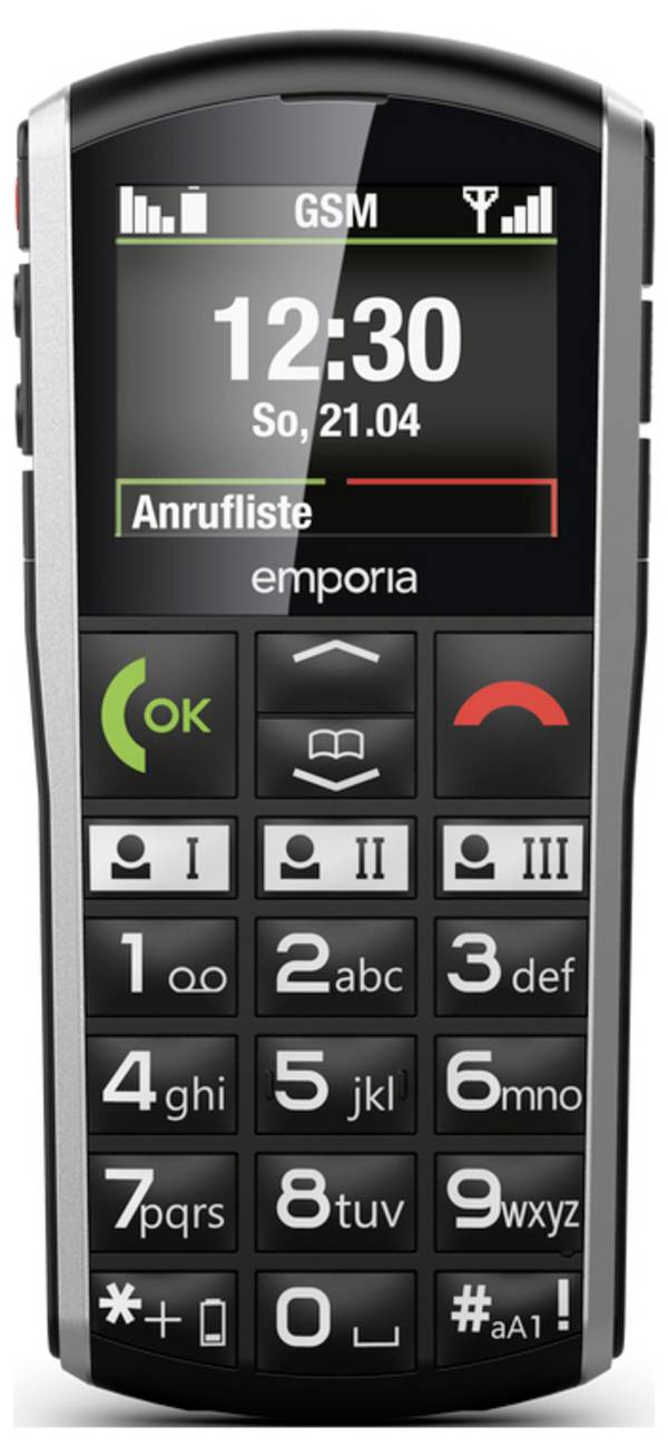 Emporia SIMPLICITY 2G Senioren-Handy IP54, SOS Taste, SOS-Funktion, mit Ladestation Schwarz, Silber