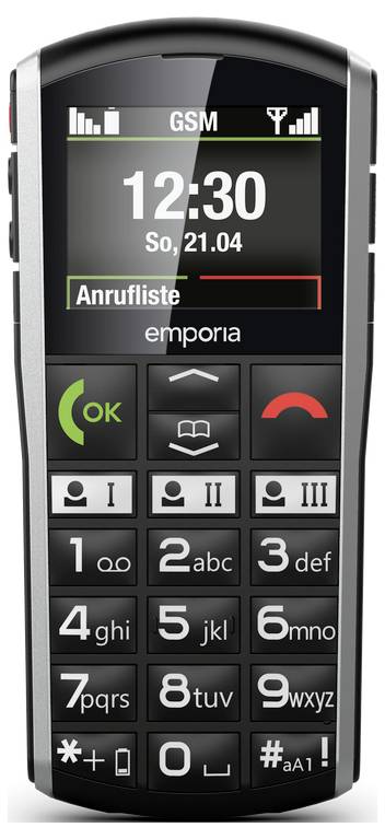 Ein Mobiltelefon mit großen Tasten, einem Display, das „12:30" und „So, 21.04" anzeigt, was auf Benutzerfreundlichkeit für sehbehinderte Nutzer hinweist.