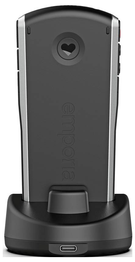 Ein schwarzes elektronisches Gerät mit einem Herzsymbol oben, auf einer Ladestation montiert. Der Markenname „empore" ist vertikal eingeprägt.
