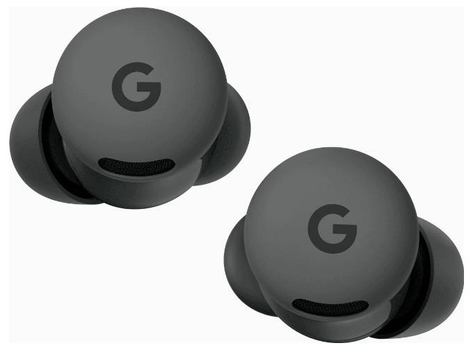 Zwei schwarze kabellose Ohrhörer mit „G"-Logo oben, aus einer Draufsicht gezeigt.