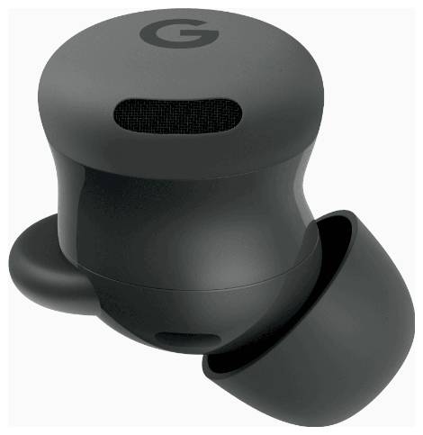 Ein einzelnes schwarzes kabelloses Ohrhörer-Earbud mit einem kleinen "G"-Logo auf der Oberseite, für die Verwendung im Ohr konzipiert, gezeigt vor einem einfachen weißen Hintergrund.