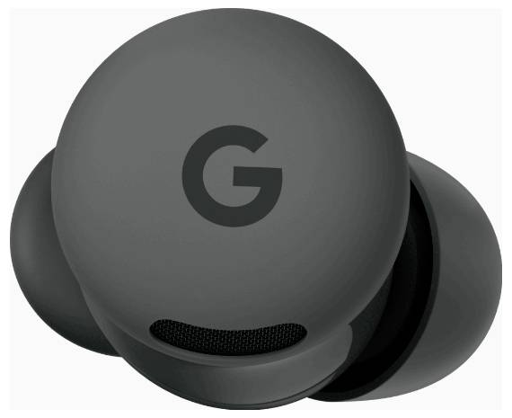 'Nahaufnahme von schwarzen kabellosen Ohrhörern mit dem Buchstaben G darauf.'